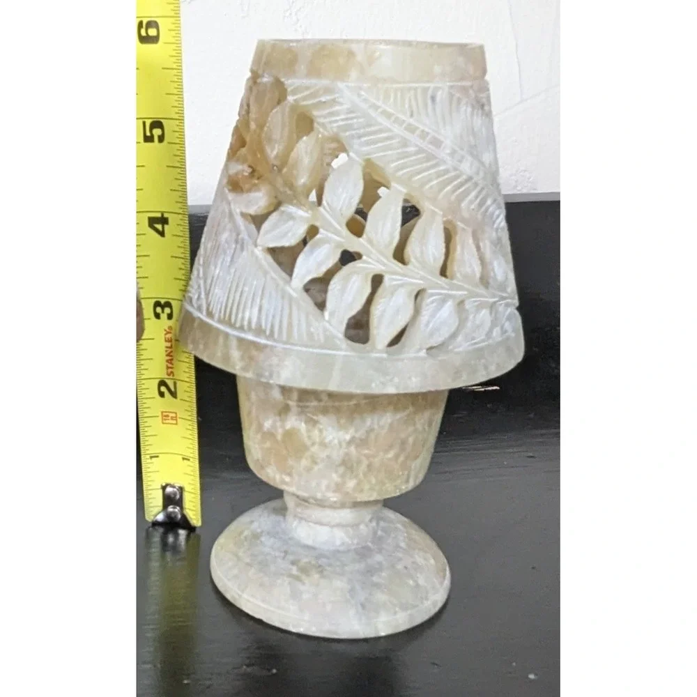 Carved Stone Tealight/Votive Candle Holder and Shade Tones‎ of Yellow & Green 6